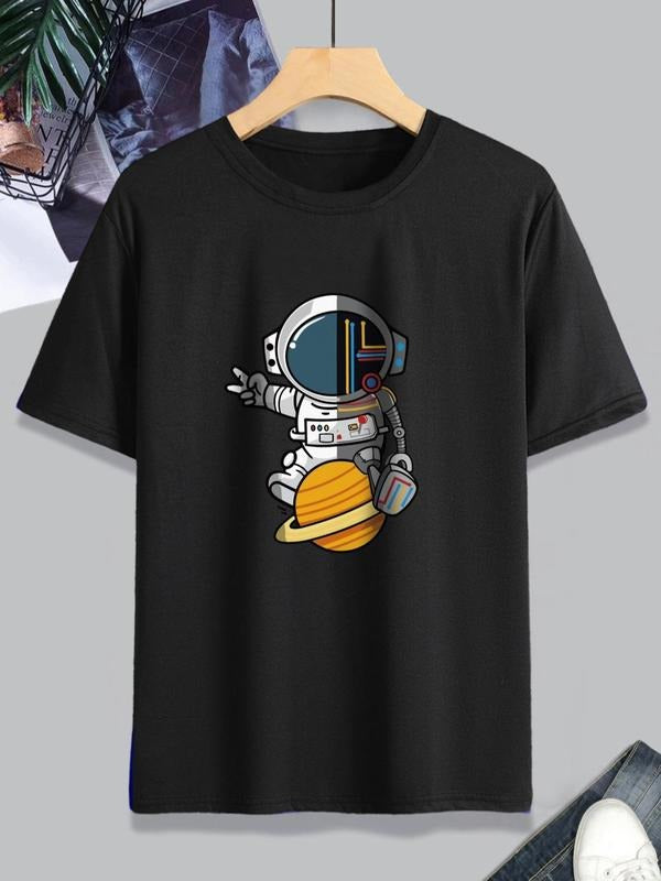 Men's Cartoon Astronaut Print Round Neck Tee, Summer Clothes Regular Fit Crew Neck Short Sleeve T-Shirt, Casual Top for...