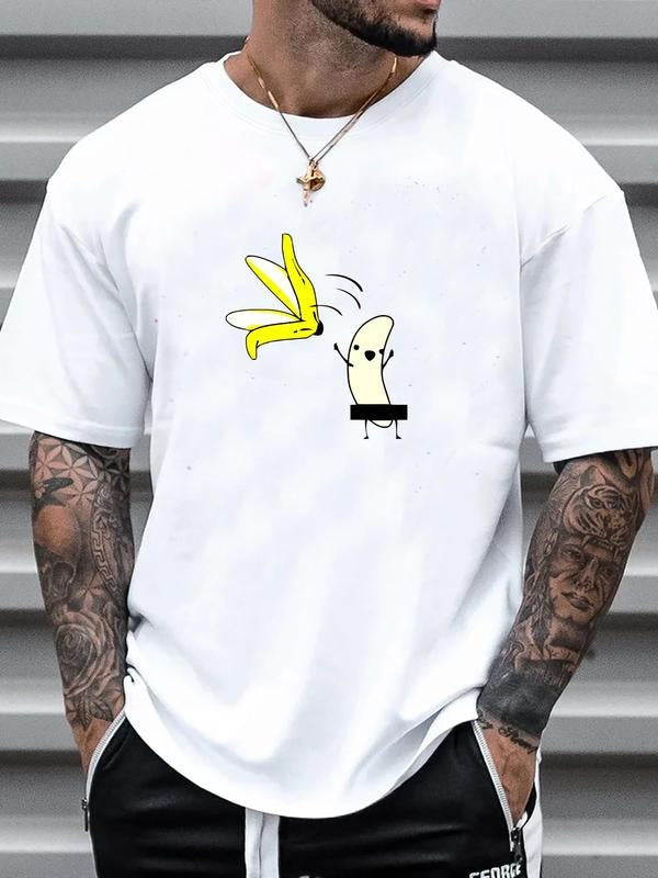 Men's Cartoon Banana Print Drop Shoulder Tee, Casual Regular Fit Short Sleeve Round Neck T-Shirt for Summer, Men's Top...