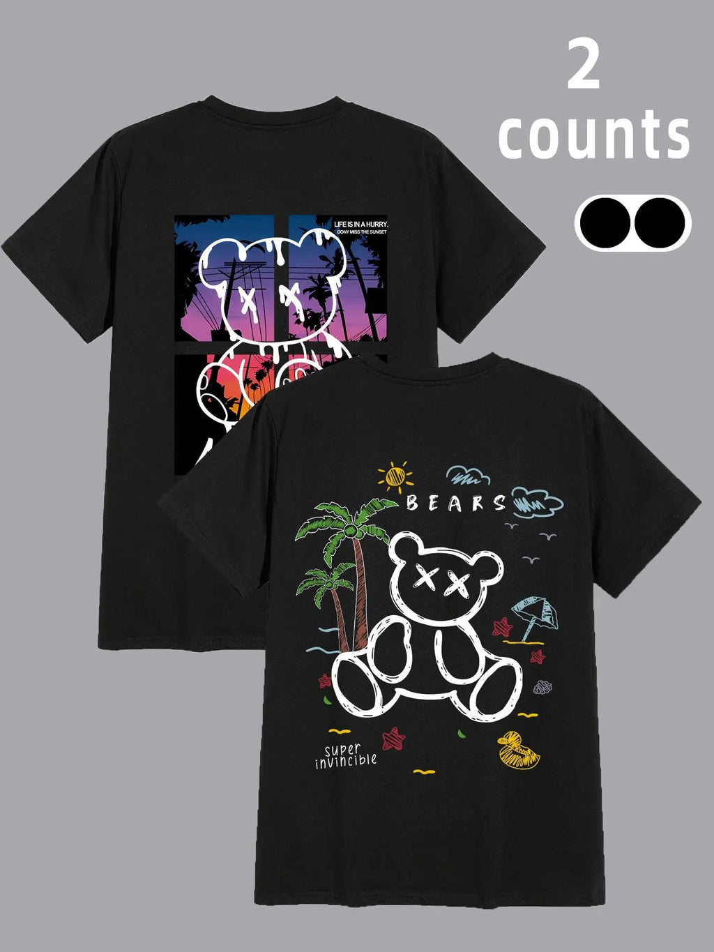 Men's Cartoon Bear & Landscape Print Round Neck Tee, Loose Casual Short Sleeve T-shirt for Daily Wear, Men's Top for All...