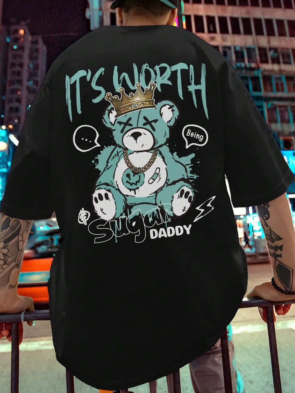 Men's Cartoon Bear & Letter Print Drop Shoulder Tee, Regular Fit Casual Comfy Round Neck Half Sleeve T-Shirt for Summer,...