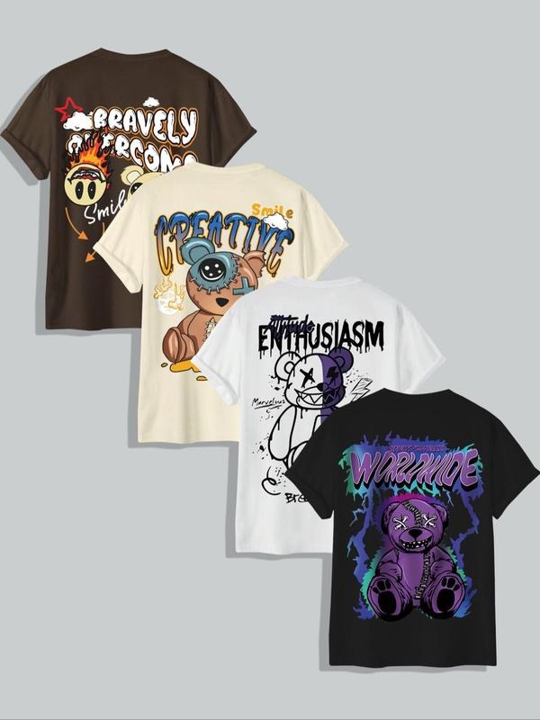 Men's Cartoon Bear & Letter Print Round Neck Tee, Regular Fit Casual Fashion Short Sleeve T-shirt for Summer, Men's Top...