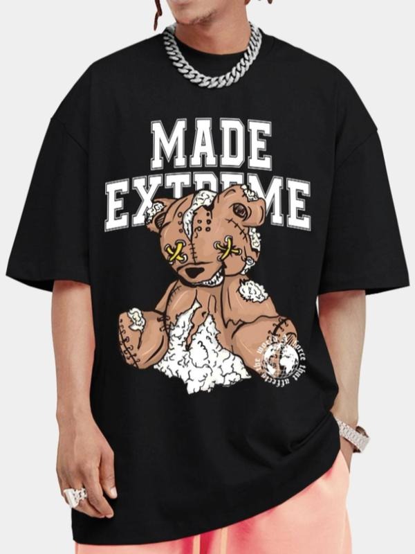 Men's Cartoon Bear & Letter Print Round Neck Tee, Summer Clothes, Regular Fit Crew Neck Short Sleeve T-Shirt for Daily...