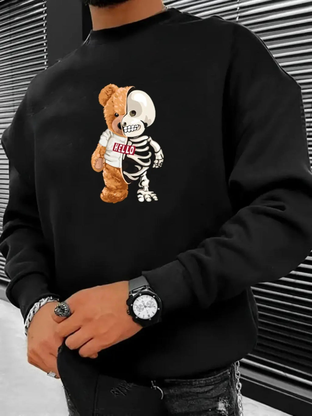 Men's Cartoon Bear & Skeleton Print Drop Shoulder Sweatshirt, Regular Fit Casual Long Sleeve Round Neck Pullover for...
