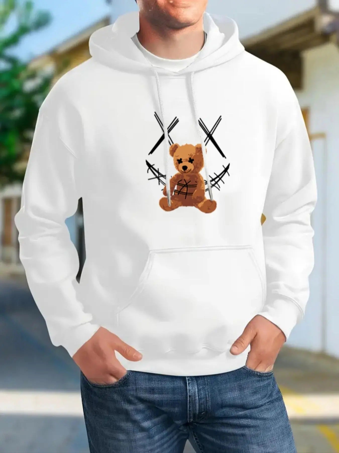 Men's Cartoon Bear & Smile Face Print Drop Shoulder Hoodie, Fashion Casual Regular Fit Drawstring Pocket Hooded...