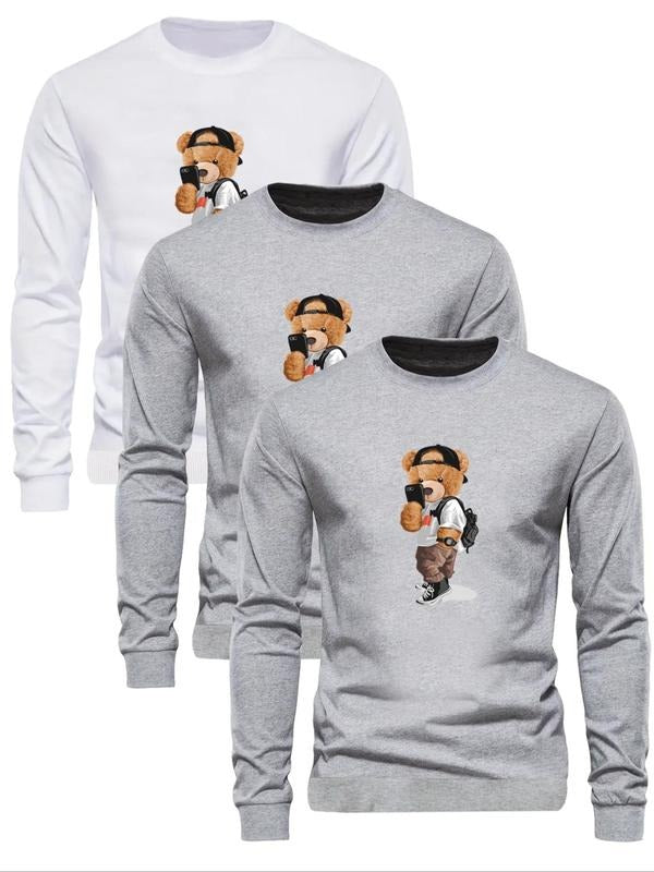 Men's Cartoon Bear Print Round Neck Sweatshirt, Regular Fit Casual Long Sleeve Crew Neck Pullover for Fall & Winter,...