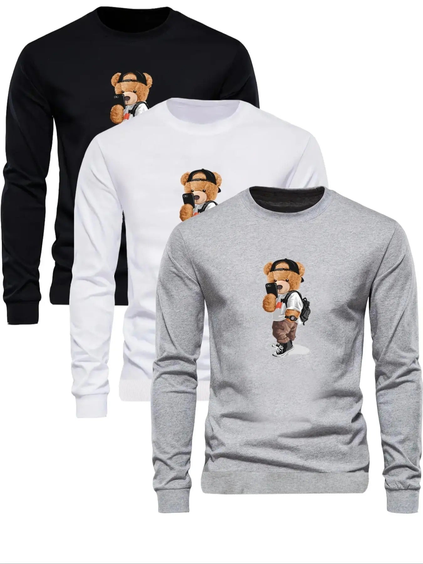 Men's Cartoon Bear Print Round Neck Sweatshirt, Regular Fit Casual Long Sleeve Crew Neck Pullover for Fall & Winter,...