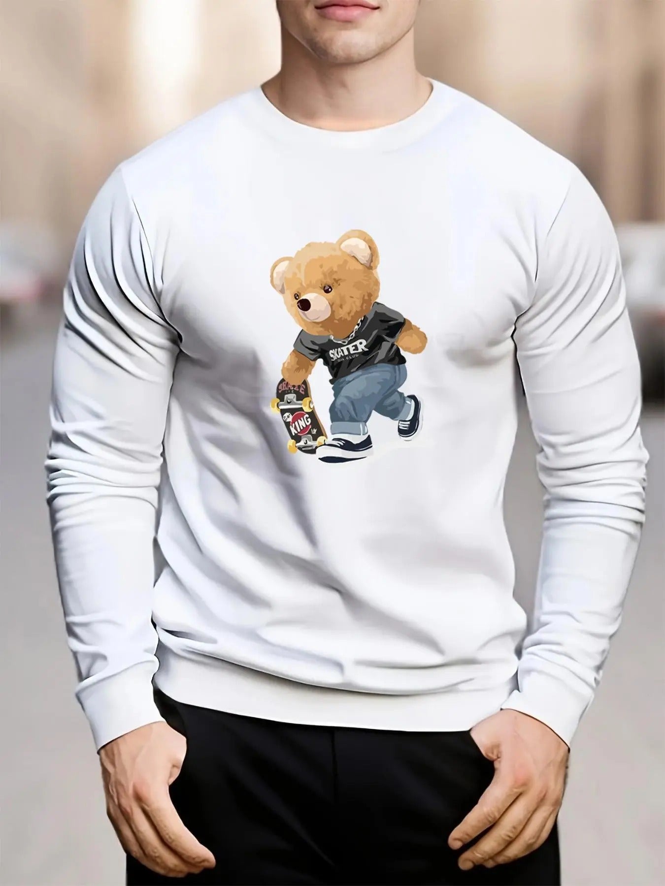 Men's Cartoon Bear Print Round Neck Sweatshirt, Regular Fit Fashion Casual Long Sleeve Pullover for Daily Wear, Men's...