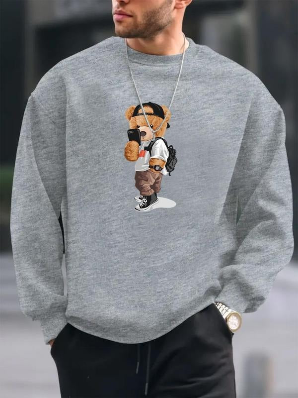 Men's Cartoon Bear Print Round Neck Sweatshirt, Regular Fit Fashion Casual Long Sleeve Pullover for Daily Wear, Men's...