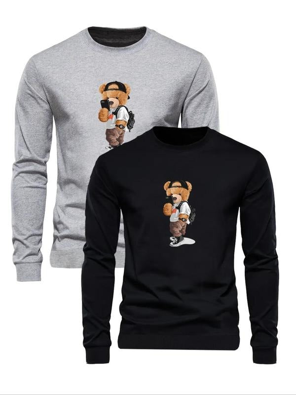 Men's Cartoon Bear Print Round Neck Sweatshirts, Regular Fit Casual Long Sleeve Crew Neck Pullover for Fall & Winter,...