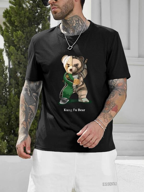 Men's Cartoon Bear Print Round Neck Tee Summer Clothes, Regular Fit Casual Short Sleeve T-shirt, Men's Summer Top for...