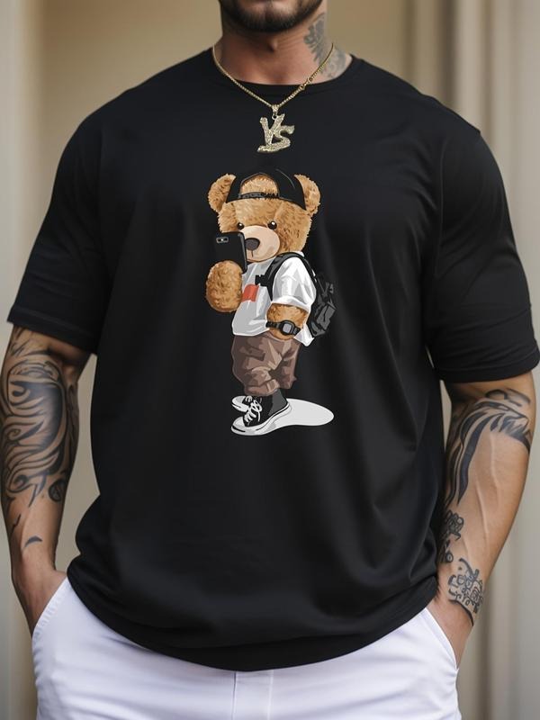 Men's Cartoon Bear Print Round Neck Tee without Necklace, Summer Clothes Regular Fit Crew Neck Short Sleeve Printed...