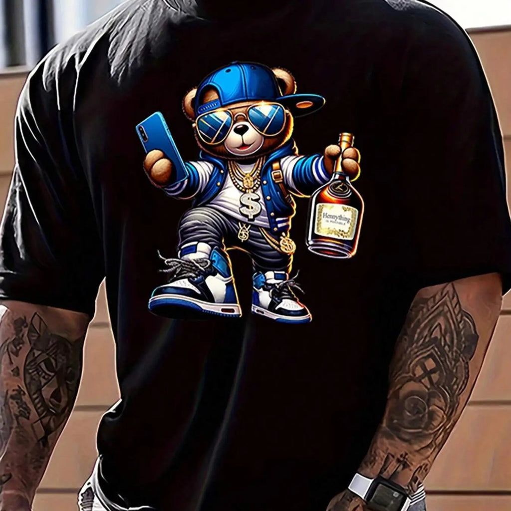 Men's Cartoon Bear Print Round Neck Tee, Casual Style Tee, Regular Fit Casual Short Sleeve Crew Neck T-Shirt for Summer,...