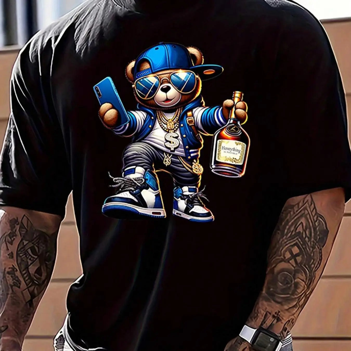Men's Cartoon Bear Print Round Neck Tee, Casual Style Tee, Regular Fit Casual Short Sleeve Crew Neck T-Shirt for Summer,...