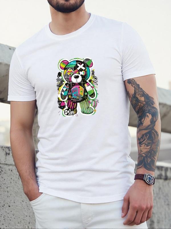 Men's Cartoon Bear Print Round Neck Tee, Regular Fit Casual Short Sleeve Crew Neck T-Shirt for Daily Wear, Men's Top for...