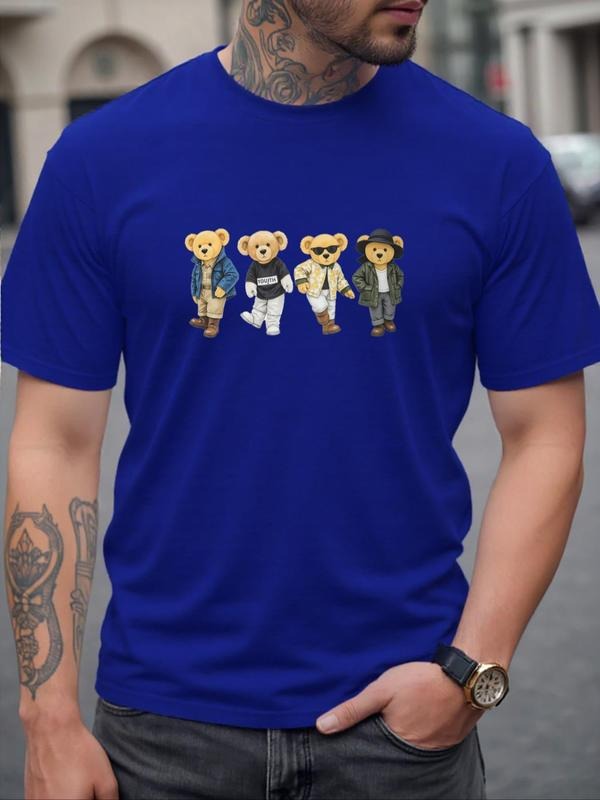 Men's Cartoon Bear Print Round Neck Tee, Regular Fit Casual Short Sleeve Crew Neck T-shirt for Daily Wear, Men's Top for...