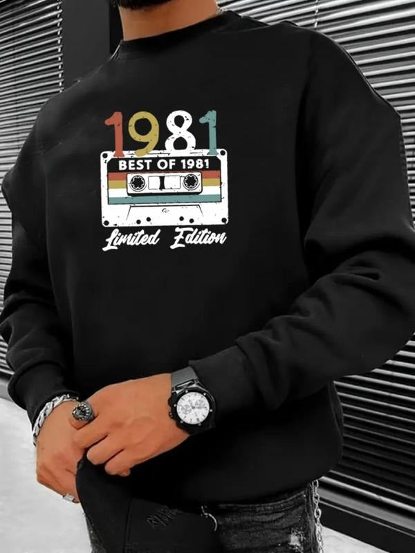 Men's Cartoon Cassette Tape Print Drop Shoulder Sweatshirt, Regular Fit Casual Fashion Long Sleeve Round Neck Pullover...
