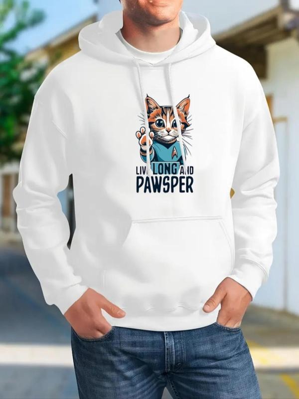 Men's Cartoon Cat & Letter Print Drop Shoulder Hoodie, Fashion Casual Regular Fit Drawstring Pocket Hooded Sweatshirt for...