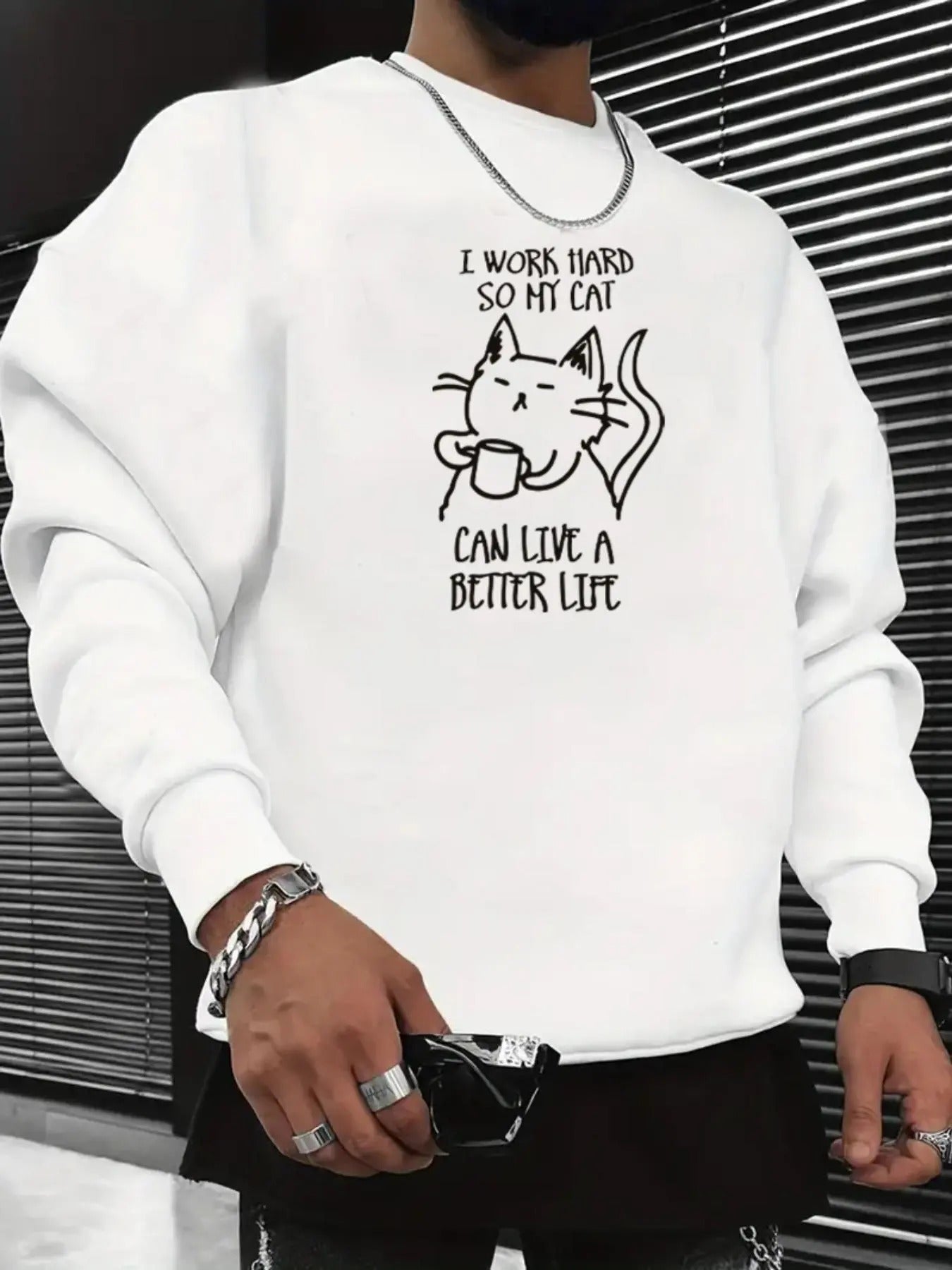 Men's Cartoon Cat & Letter Print Drop Shoulder Sweatshirt, Regular Fit Casual Soft Comfy Long Sleeve Round Neck Pullover...