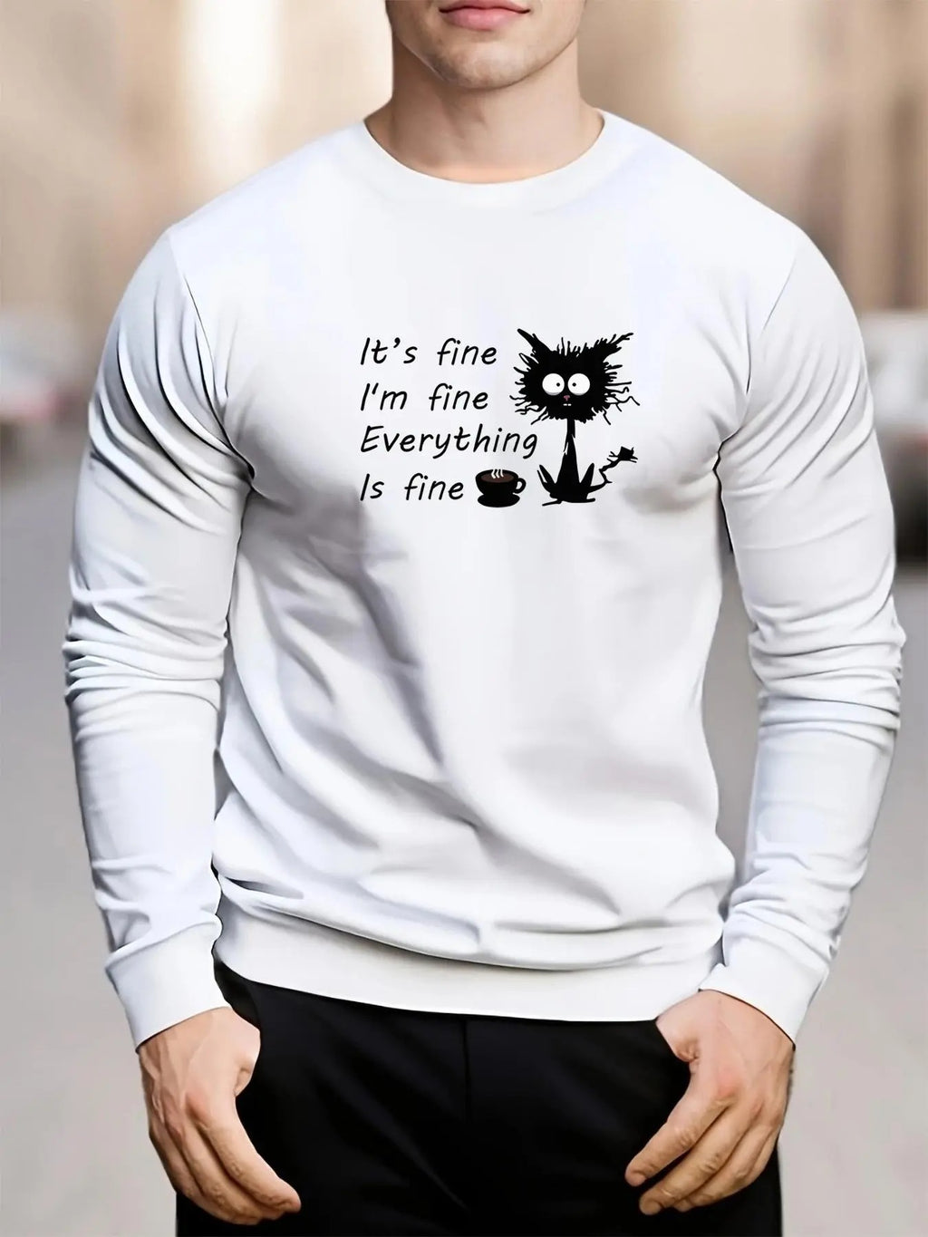 Men's Cartoon Cat & Letter Print Round Neck Sweatshirt, Regular Fit Casual Fashion Soft Comfy Long Sleeve Pullover for...