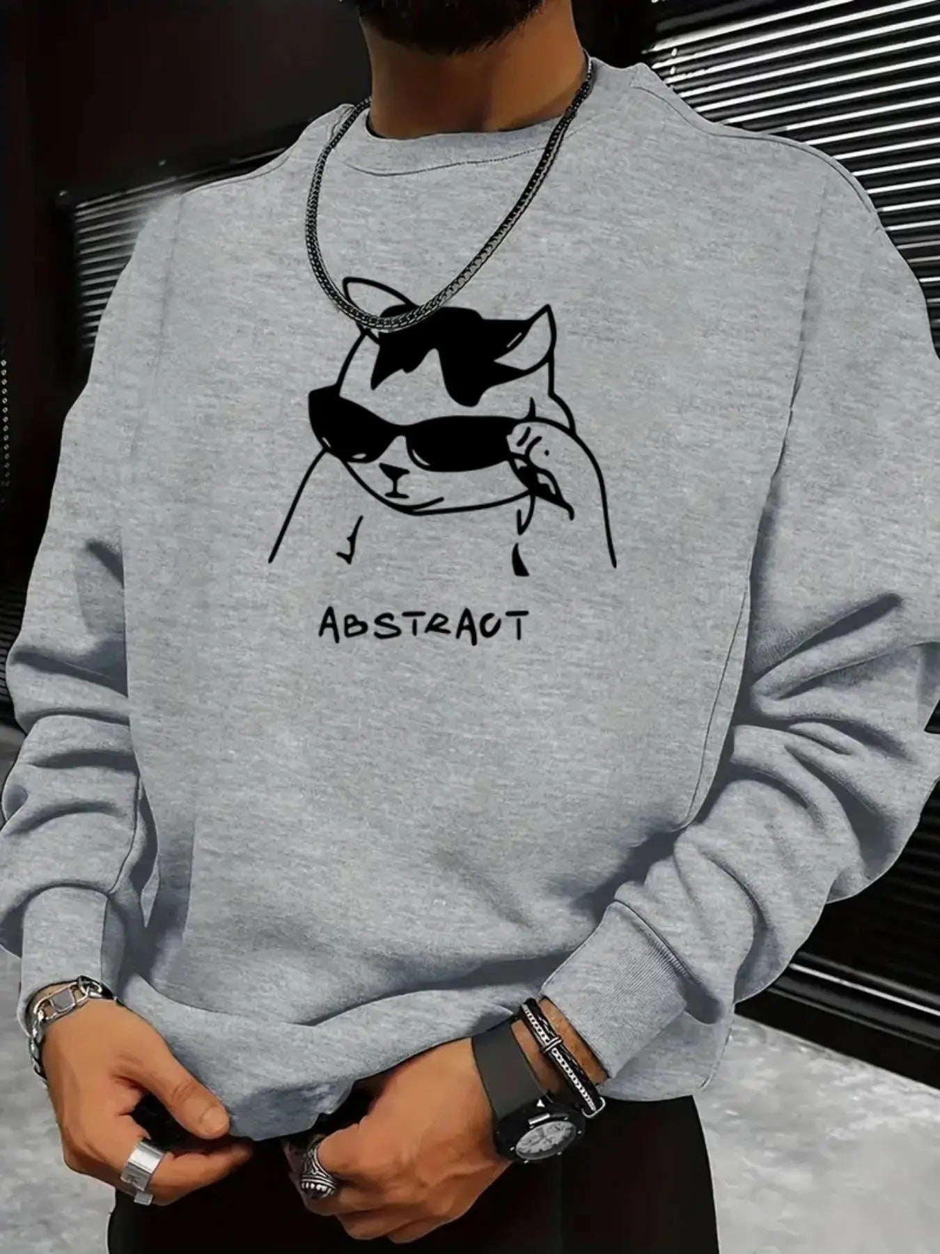 Men's Cartoon Cat Graphic Print Round Neck Sweatshirt, Regular Fit Casual Fashion Drop Shoulder Long Sleeve Pullover,...