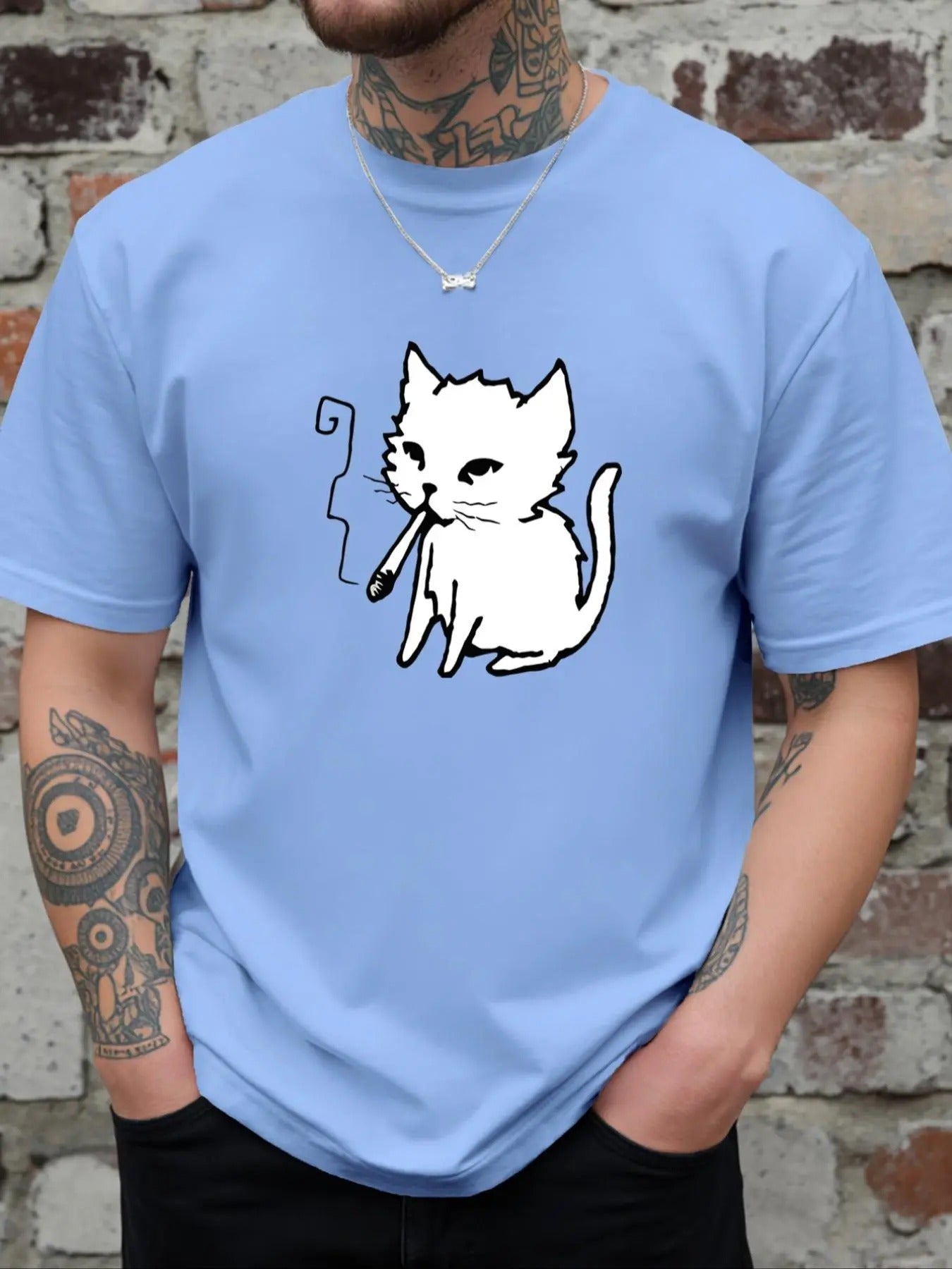 Men's Cartoon Cat Print Round Neck Tee, Regular Fit Casual Short Sleeve T-shirt for Daily Wear, Men's Top for All...