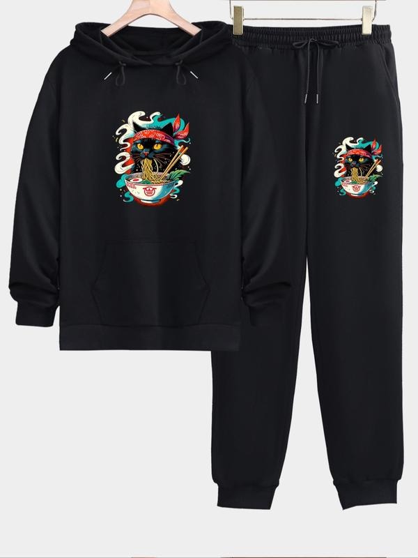 Men's Cartoon Cat Print Sweatshirt & Drawstring Waist Sweatpants Set, Regular Fit Casual Fashion Cozy Outfits for Daily...