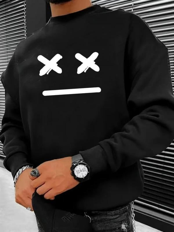 Men's Cartoon Face Print Drop Shoulder Sweatshirt, Regular Fit Casual Long Sleeve Round Neck Pullover for Daily Wear,...
