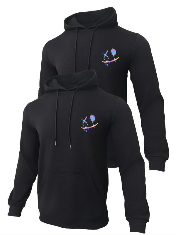 Men's Cartoon Face Print Pocket Drawstring Hoodie, Casual Regular Fit Long Sleeve Hooded Sweatshirt for Fall & Winter,...