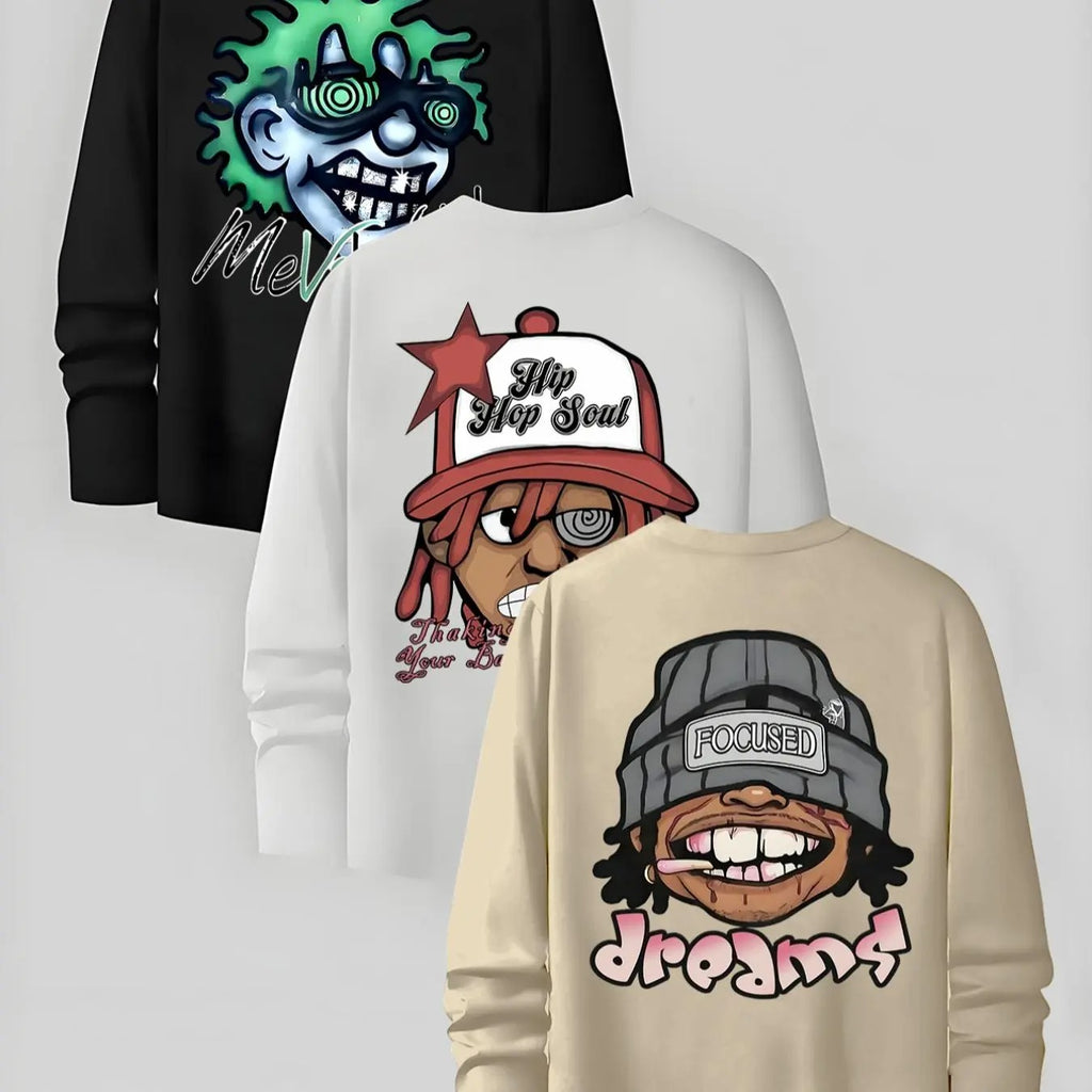 Men's Cartoon Figure & Letter Print Long Sleeve Tee, Regular Fit Casual Round Neck T-shirt for Fall, Men's Top for Daily...