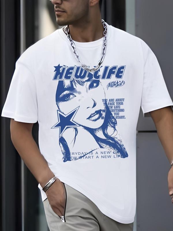 Men's Cartoon Girl Print Round Neck Tee, Regular Fit Casual Short Sleeve Crew Neck T-Shirt for Summer, Fashion Men's Top...