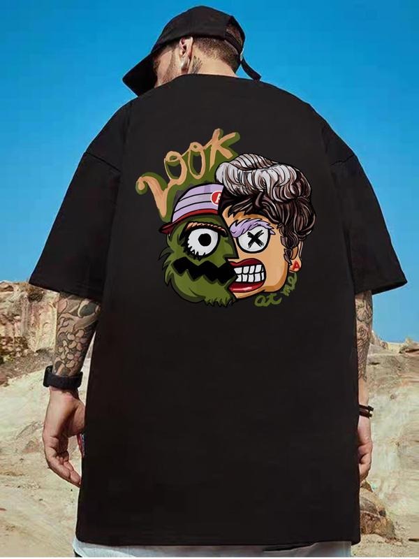 Men's Cartoon Graphic Oversized Tee, Summer Clothes Round Neck Drop Shoulder Printed T-shirts, Loose Fit Black T Shirts...