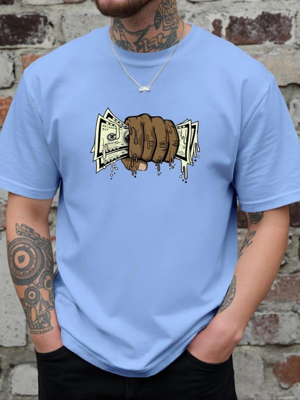 Men's Cartoon Hand & Money Print Round Neck Tee, Regular Fit Casual Short Sleeve T-shirt for Daily Wear, Men's Top for...