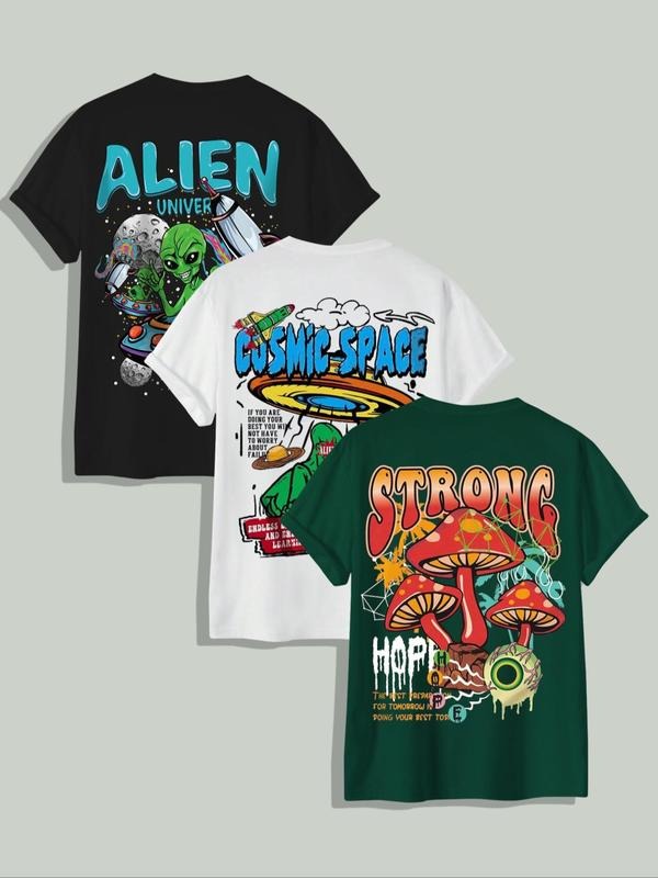 Men's Cartoon Letter & Graphic Print Tee, Regular Fit Street Casual Short Sleeve Round Neck T-shirt for Summer, Men's Top...