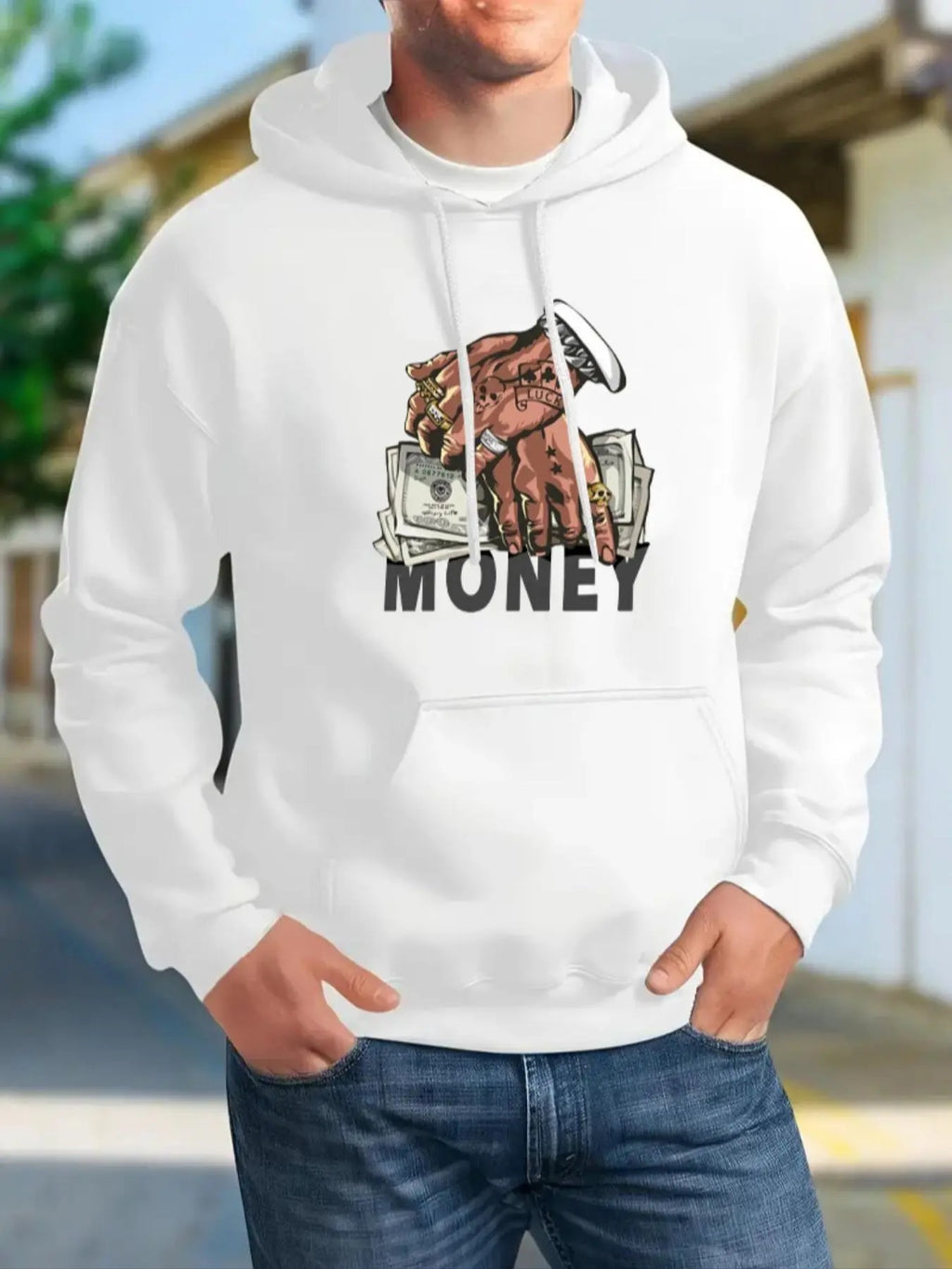 Men's Cartoon Money Hand Print Drop Shoulder Hoodie, Fashion Casual Regular Fit Drawstring Pocket Hooded Sweatshirt for...