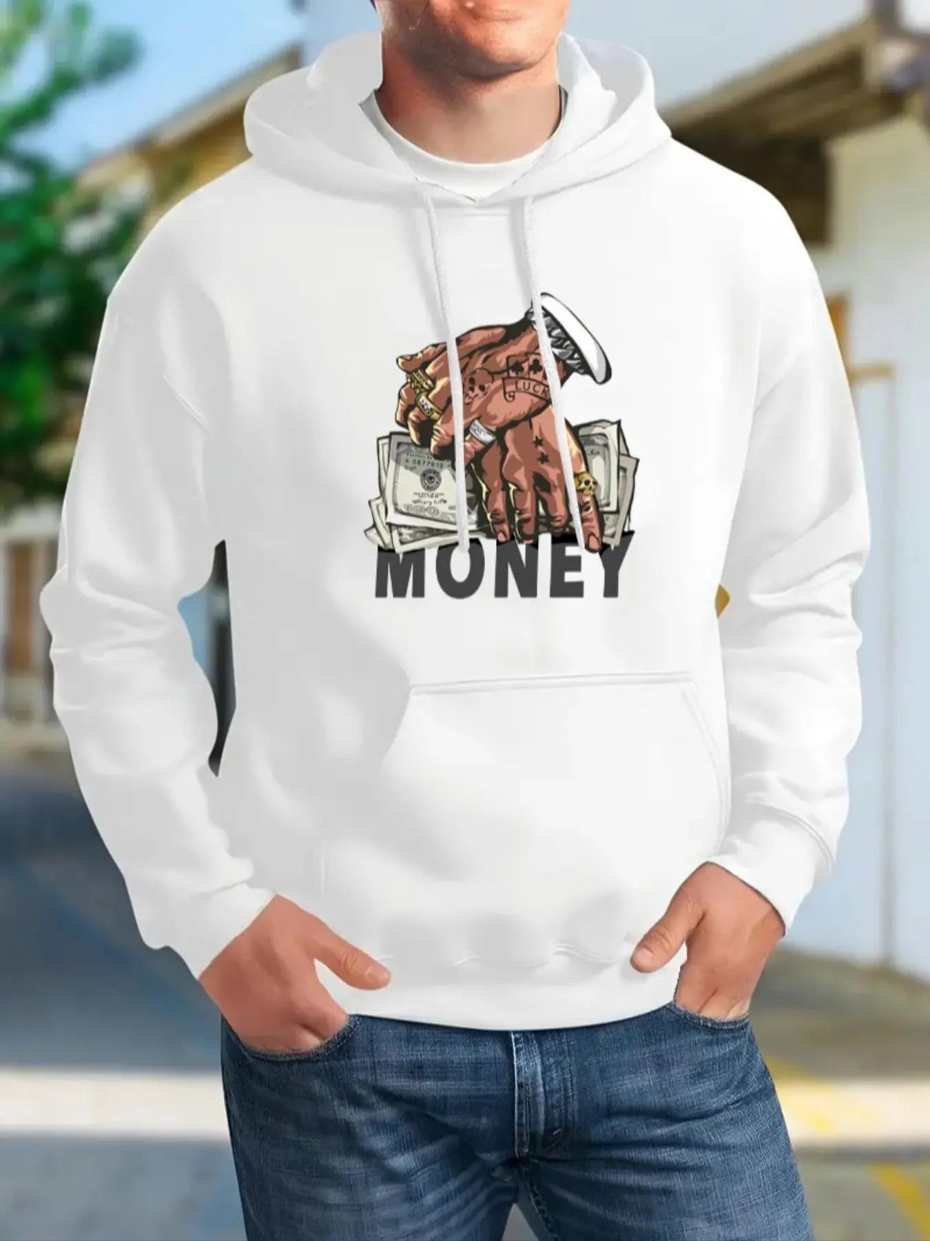 Men's Cartoon Money Hand Print Drop Shoulder Hoodie, Fashion Casual Regular Fit Drawstring Pocket Hooded Sweatshirt for...