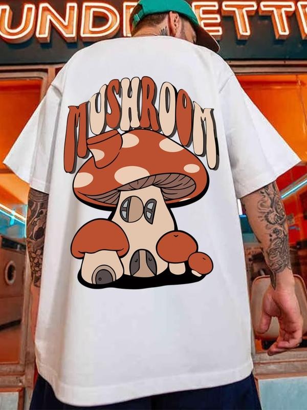 Men's Cartoon Mushroom Print Round Neck Tee Summer Clothes, Loose Fashion Casual Short Sleeve T-shirt for Daily Outdoor...