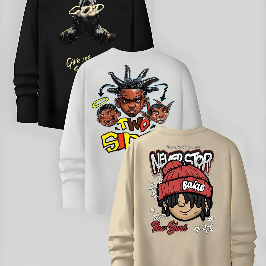 Men's Cartoon Print Long Sleeve Tee, Regular Fit Casual Round Neck T-shirt for Fall, Men's Top for Daily Wear Hoodie,...