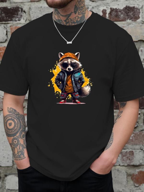 Men's Cartoon Raccoon Print Round Neck Tee, Regular Fit Casual Short Sleeve T-shirt for Daily Wear, Men's Top for All...