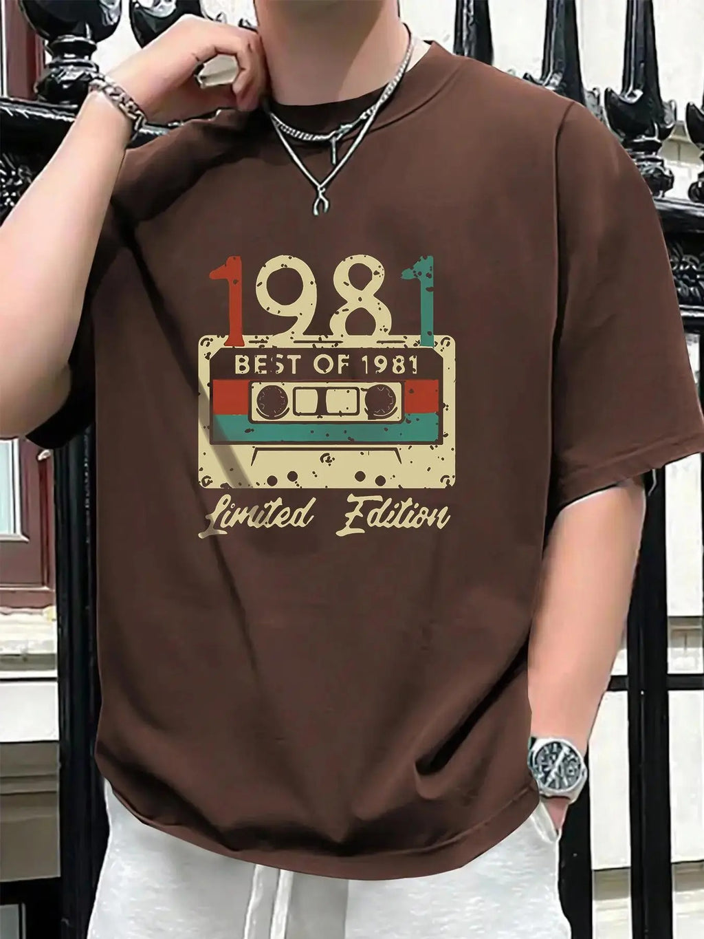 Men's Cartoon Radio Tape & Figure Print Round Neck Tee, Regular Fit Retro Casual Letter Graphic Short Sleeve T-Shirt for...