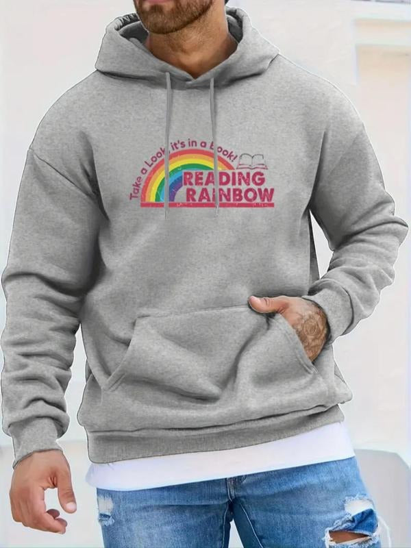 Men's Cartoon Rainbow & Letter Print Drop Shoulder Hoodie, Fashion Casual Regular Fit Drawstring Pocket Hooded Sweatshirt...