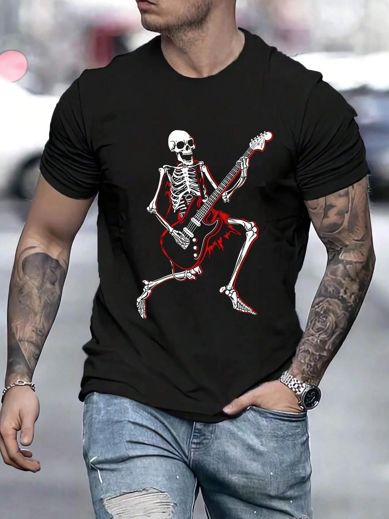 Men's Cartoon Skeleton Print Round Neck Tee, Regular Fit Casual Short Sleeve T-shirt, Men's Summer Top for Daily Wear...