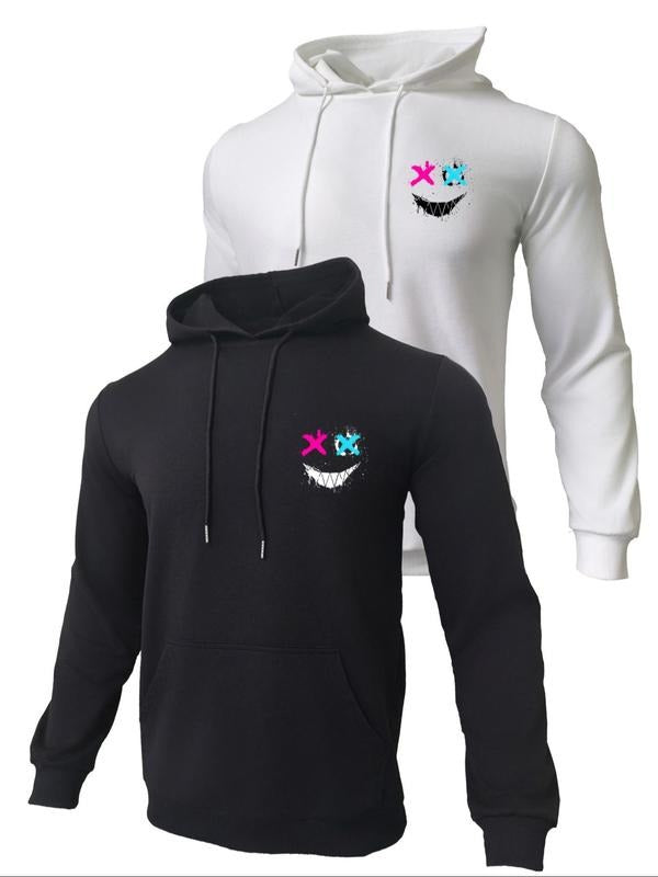 Men's Cartoon Smile Face Print Drop Shoulder Thermal Lined Hoodie, Fashion Casual Regular Fit Drawstring Pocket Hooded...