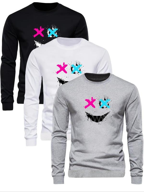 Men's Cartoon Smile Face Print Round Neck Sweatshirt, Regular Fit Casual Long Sleeve Pullover for Fall & Winter, Men's...