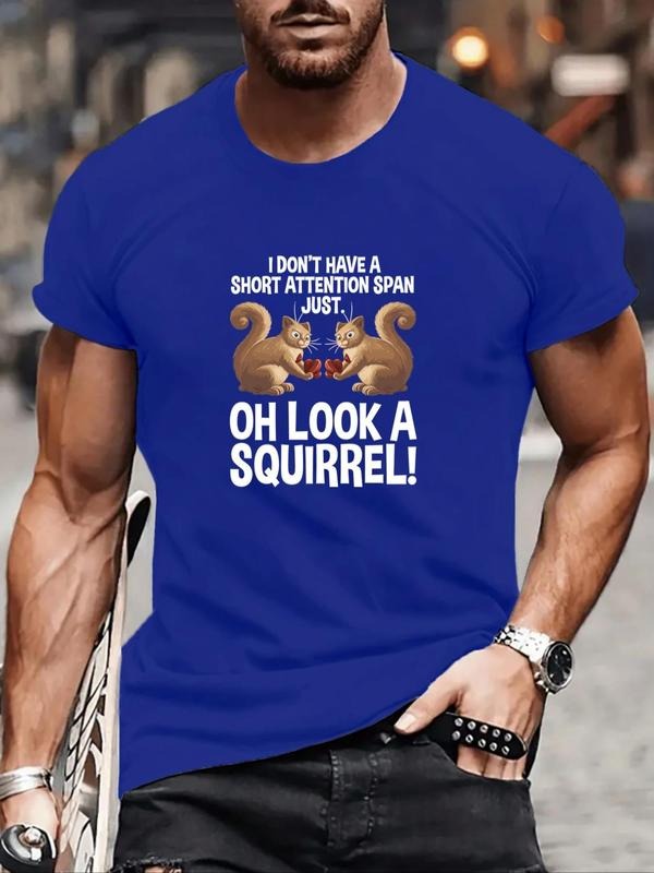 Men's Cartoon Squirrel & Letter Print Round Neck Tee, Regular Fit Casual Short Sleeve T-shirt, Men's Summer Top for Daily...