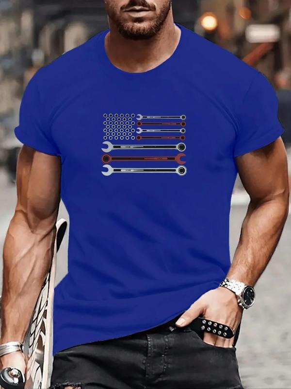 Men's Cartoon Wrench Print Round Neck Tee, Regular Fit Casual Short Sleeve T-shirt, Men's Summer Top for Daily Wear,...