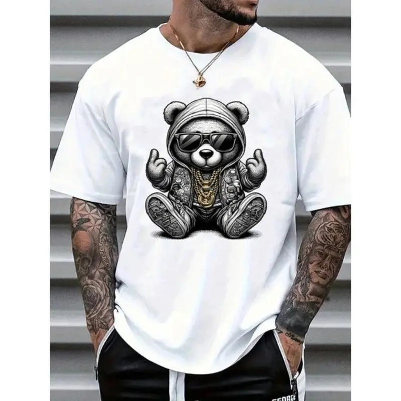 Men's Casual Cartoon Bear Print Round Neck Short Sleeve T-Shirt, Summer Made In USA Hoodie, Sweatshirt | UrbanDripWear.com
