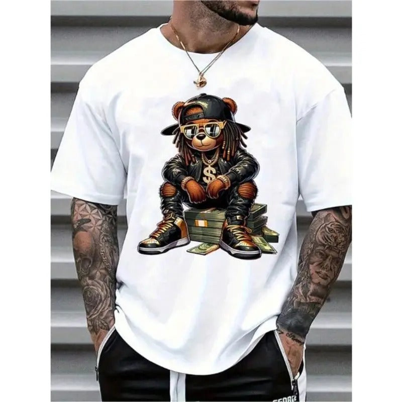 Men's Casual Cartoon Bear Print Short Sleeve Crew Neck T-Shirt, Summer Comfortable Casual Short Sleeve T-Shirt Made In...