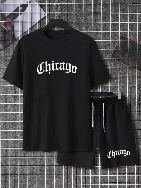 Men's Casual Chicago Monogram Printed Short Sleeve T-shirt and Shorts Set, Summer Outfits 2024, Comfortable Summer...