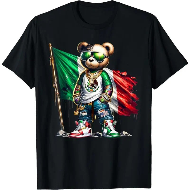 Men's Casual Cotton Graphic Tees T-Shirt with Cool Mexican Pride Bear T-Shirt