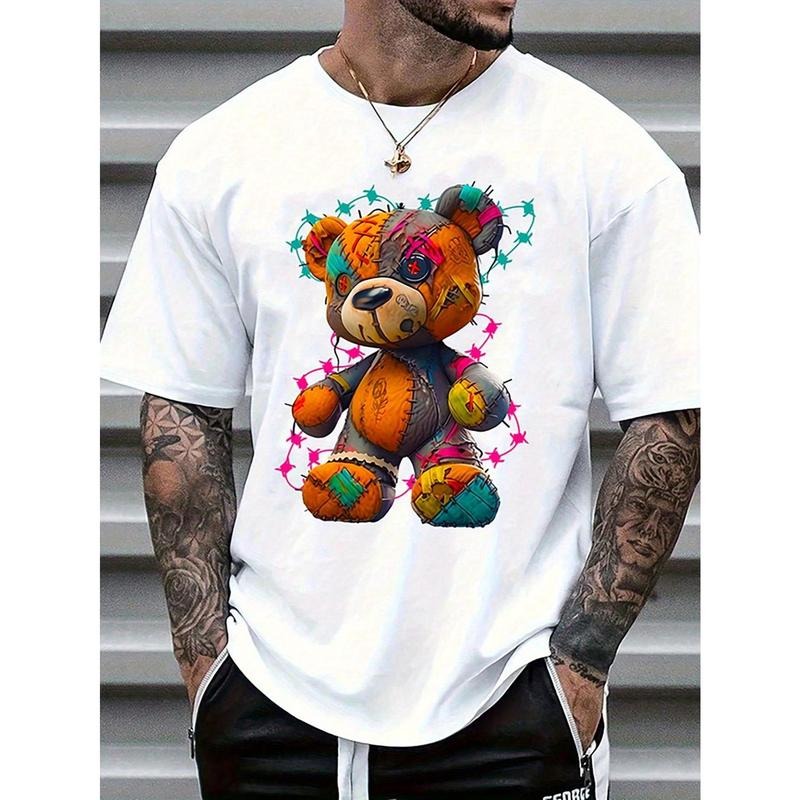 Men's Casual Fashion T-Shirt, Cartoon Teddy Bear Print, Knitted Cotton, Regular Fit, Round Neck, Stretch Fabric,...
